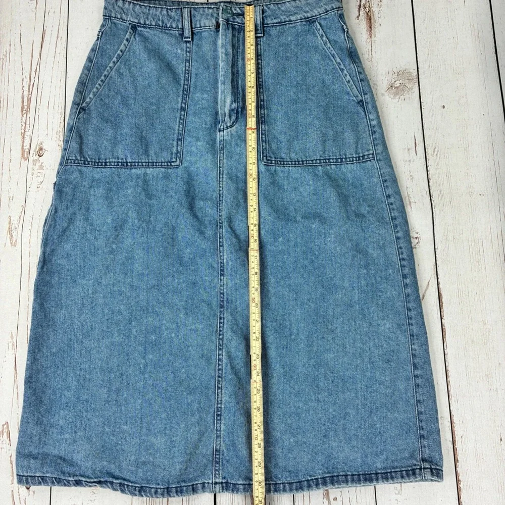 Vans Womens Light Wash Denim Midi Skirt Blue Carpenter Pocket Slit Size 29